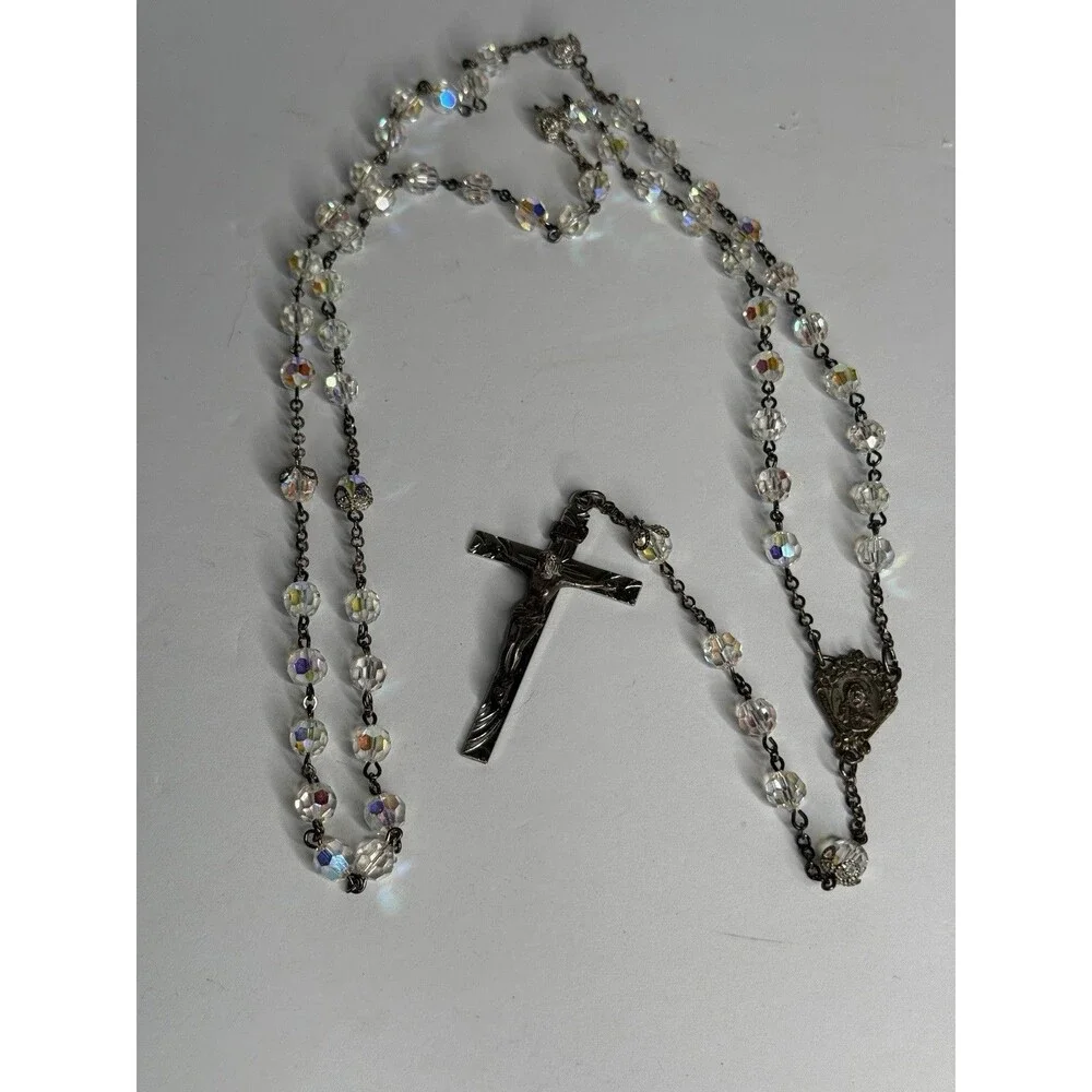 Vintage Sterling Silver AB Crystal Catholic Rosary Italy Crucifix Marian Medal